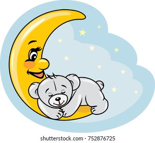 Sleeping teddy bear on the moon. Vector