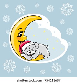 Sleeping teddy bear on the moon. Christmas scrapbook design. Vector