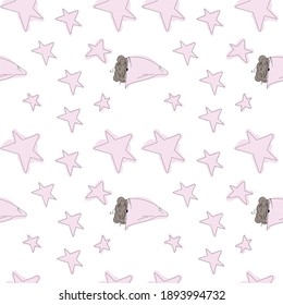 oso de peluche dormido sobre un fondo blanco. Patrón vectorial. Estrellas sobre fondo blanco