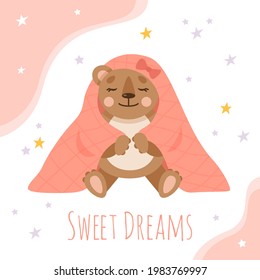 Schlafender Teddybär mit rosafarbener Decke. Rutsche Tiere für die Kindergarten. Vektorgrafik für Kinder.