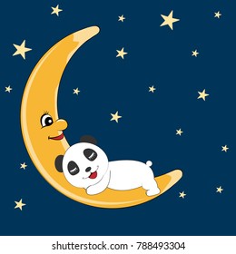 Sleeping teddy panda on the moon. Picture for t-shirt graphics for kids and other uses. Greeting card.