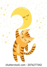 El tigre dormido se aferra a la luna. Luna y estrellas durmientes. Ilustración vectorial para imprimir en ropa de bebé.
