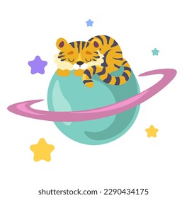 Sleeping tiger little cartoon character resting on planet. Isolated animal personage resting or taking nap, cute creature with stripes on coat. Nursery sweet dreams theme. Vector in flat style