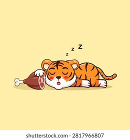 Sleeping Tiger with Meat Cartoon Vector Illustration Kawaii Animal