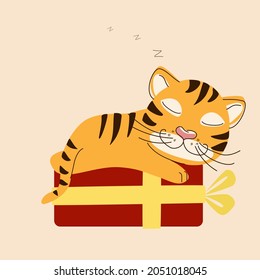 Sleeping tiger on a red gift box with a bow. A symbol of the year in a hand-drawn style. Vector illustration