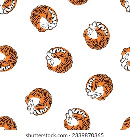 Sleeping tigers seamless pattern. Hand drawn abstract wild animals lying curled up, funny doodle striped cats. Vector illustration isolated on background