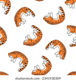 Sleeping tigers seamless pattern. Red cats lying sprawled on side with paws outstretched, cute wild animals, funny doodle print. Vector illustration isolated on white background