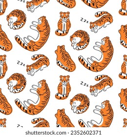 Sleeping tigers seamless pattern. Red cats lying in various poses, hand drawn abstract wild animals, funny doodle print. Vector illustration isolated on white background