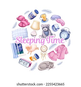 Sleeping time banner design template vector illustration. Cartoon isolated bedtime elements for healthy sleep and relax at night in round frame with text, cute pajamas party in bedroom background