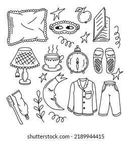 Sleeping time concept. Hand drawn night time elements. Set of doodle icons, signs. Vintage sketch.