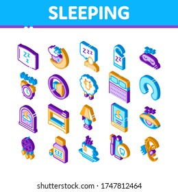Symbole für die Sammlung von Schlafzeitgeräten setzen Vektorgrafik ein. Schlafende menschliche Silhouette, Kissen und Bett, Uhren und Buch, Mond und Tasse Tee - Isometrische Illustrationen