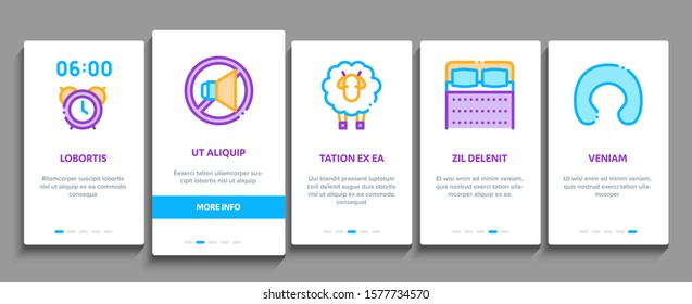 Sleeping Time Devices Onboarding Mobile App Page Screen. Sleeping Human Silhouette, Pillow And Bed, Clock And Book, Moon And Cup Of Tea Concept Illustrations