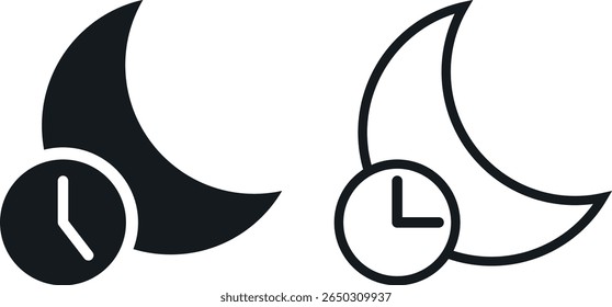 Ícone de tempo de sono definido. tarde da noite relógio hora mudança de rotina vetor símbolo em um preto preenchido e contornado estilo. design em estilo moderno