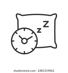 Sleeping time, in line design. Sleeping time, sleep, bedtime, night, rest, dreams, night sleep on white background vector. Sleeping time editable stroke icon.