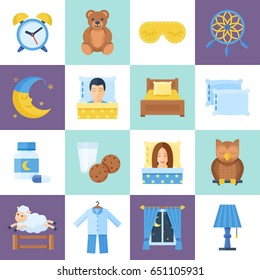 Sleeping time object set, cute good night images, sweet dreams, healthy rest without insomnia. Vector flat style cartoon illustration isolated on white background