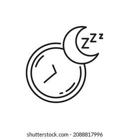 Sleeping time outline icon, healthy lifestyle exercise thin line sign. Healthy sleep and resting thin line pictogram, lack of sleep and insomnia problem outline symbol with clock and moon