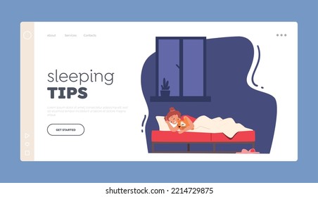 Sleeping Tips Landing Page Template. Kid Night Relaxation, Nap in Bedroom. Little Girl Sleeping on Bed Hugging Toy Side View. Baby Character Lying in Relaxed Pose. Cartoon People Vector Illustration