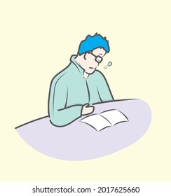 Sleeping tired male while reading book in cartoon character art design illustration