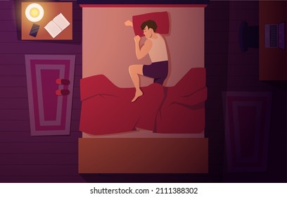 Sleeping top view. Tired characters relaxing on sofa modern bedroom interior dreaming people exact vector cartoon colored background