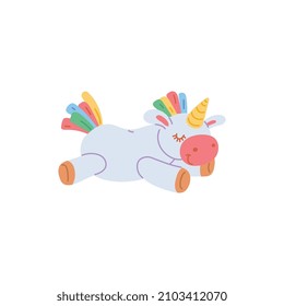 Sleeping toy unicorn character, flat vector illustration isolated on white background. Cute cartoon toy magic unicorn sleeping sweetly with closed eyes.