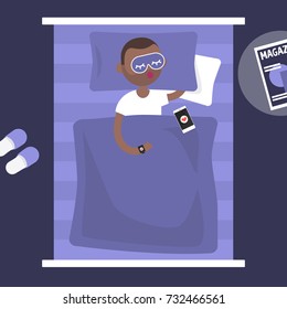 Sleeping tracker. Young black character wearing a wearable gadget in bed to control the quality of sleep. Flat editable vector illustration, clip art