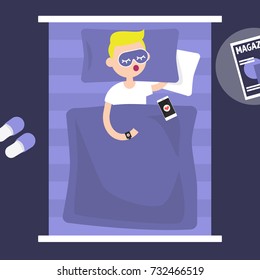 Sleeping tracker. Young character wearing a wearable gadget in bed to control the quality of sleep. Flat editable vector illustration, clip art