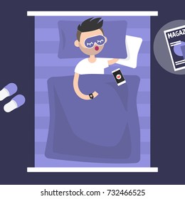 Sleeping tracker. Young character wearing a wearable gadget in bed to control the quality of sleep. Flat editable vector illustration, clip art