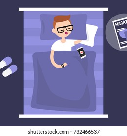 Sleeping tracker. Young character wearing a wearable gadget in bed to control the quality of sleep. Flat editable vector illustration, clip art