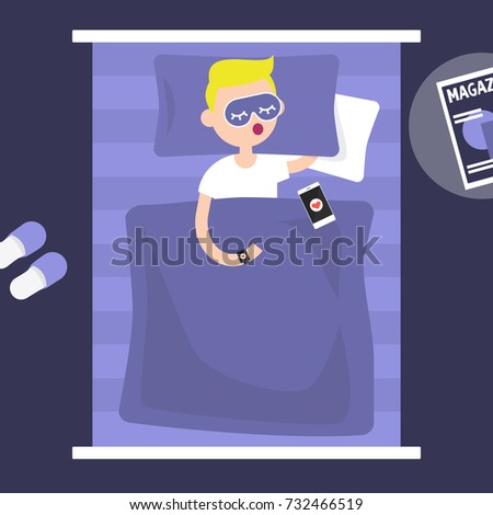 Sleeping tracker. Young character wearing a wearable gadget in bed to control the quality of sleep. Flat editable vector illustration, clip art