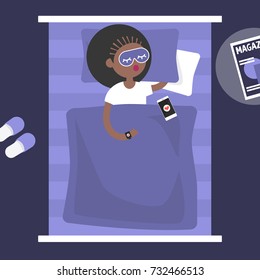 Sleeping tracker. Young female character wearing a wearable gadget in bed to control the quality of sleep. Flat editable vector illustration, clip art