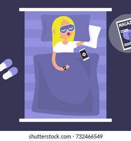 Sleeping tracker. Young female character wearing a wearable gadget in bed to control the quality of sleep. Flat editable vector illustration, clip art