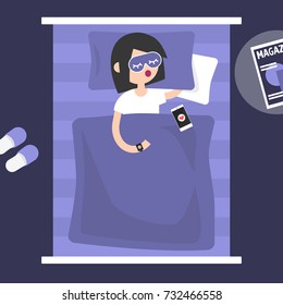 Sleeping tracker. Young female character wearing a wearable gadget in bed to control the quality of sleep. Flat editable vector illustration, clip art