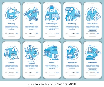 Sleeping and transportation onboarding mobile app page screen with concepts. Cheap accommodations. Budget trip walkthrough steps graphic instructions. UI vector template with RGB color illustrations