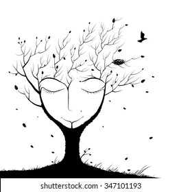 sleeping tree, spirit of the forest, face of sleeping tree in autumn, bird fly out the nest and tree falling sleep,  black and white, shadows