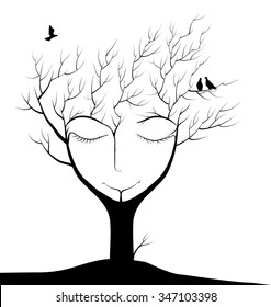 sleeping tree, spirit of the forest, face of sleeping tree in autumn, bird flying and two sitting on the branch, winter dream in forest,  black and white, shadows