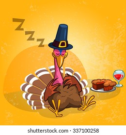  Sleeping turkey after a good meal with pie and glass of red vine. Thanksgiving illustration of cartoon turkey isolated on orange background