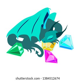 Sleeping turquoise dragon with treasures multiple colorful gemstones jewels vector isolated fantasy art