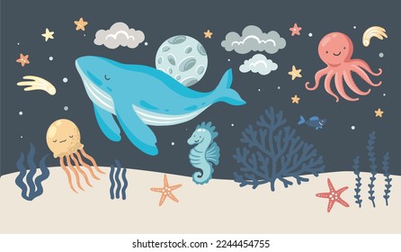 Sleeping underwater animals, vector hand drawn illustration for kid room wall mural