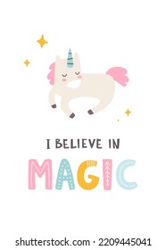 Sleeping unicorn with lettering. I believe in magic text. Cute poster for baby girl.