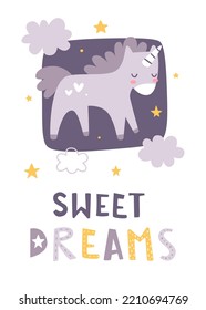 Sleeping unicorn with lettering. Sweet dreams print. Cute poster for baby girl pajamas.