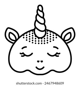 Hocico de unicornio durmiente, cabeza de animal fabulosa, ícono de Vector de línea negra, ilustración de trazo editable, signo monocromo perfecto de píxel