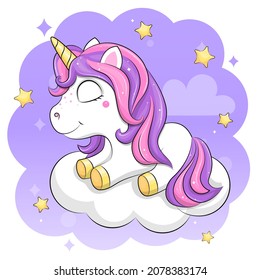 Sleeping unicorn on a cloud. Cute cartoon night vector illustration of an animal on a lilac background with stars and a cloud.