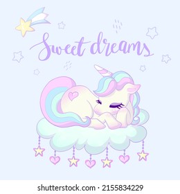 Sleeping unicorn on a cloud in a night sky vector illustration. Sweet dreams lettering.