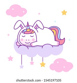Sleeping unicorn in rabbit costume vector illustration perfect for kids fabric and greeting cards.