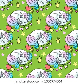 Sleeping unicorn seamless pattern vector illustration