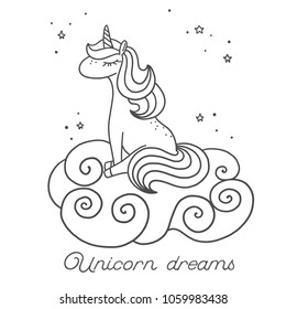 Sleeping Unicorn sitting on the cloud with stars around