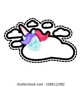 Sleeping unicorn with sleep lettering patch. Fairytale character stitched sticker. Dash line drawing