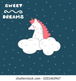 A sleeping unicorn in the starry sky. Vector illustration