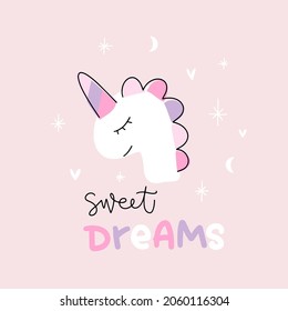 Sleeping unicorn vector hand drawn design with Sweet dreams lettering sign. Baby or toddler girl clothing or accessories magical animal print in pink, lilac and white colours.