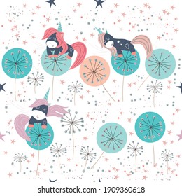 unicornios dormidos en un jardín mágico con flores mágicas y polen de hadas. Patrón infantil sin costuras con dibujado a mano. Fondo vectorial infantil de moda.